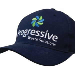 A navy blue organic brushed heavy cotton cap with an embroidered logo on the front.