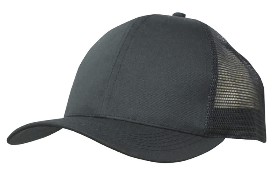 A black organic brushed heavy cotton cap with a mesh back, featuring a logo on the front.