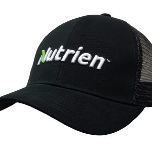 A black organic brushed cotton cap with a mesh back and a logo on the front.