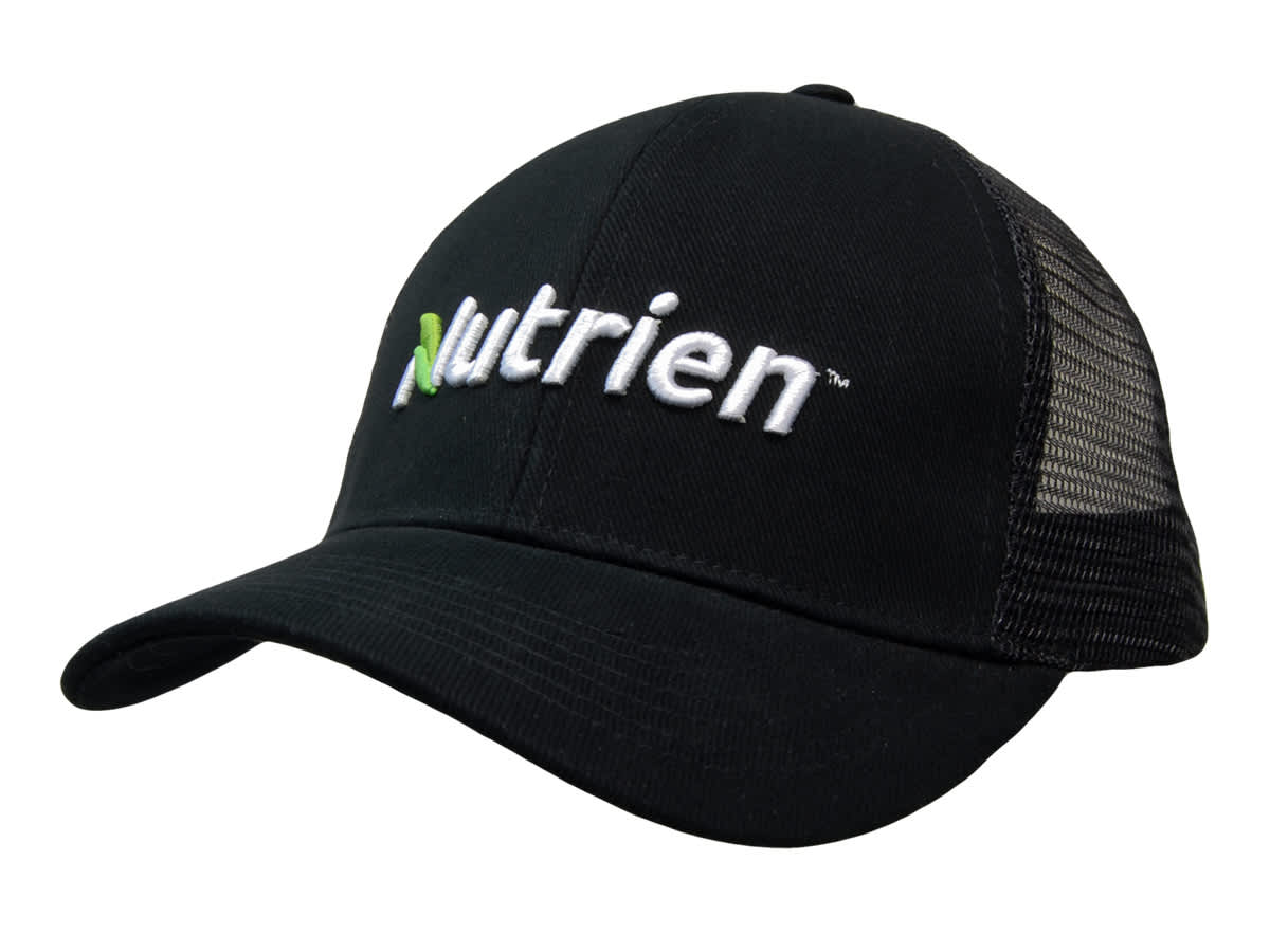 A black organic brushed cotton cap with a mesh back and a logo on the front.