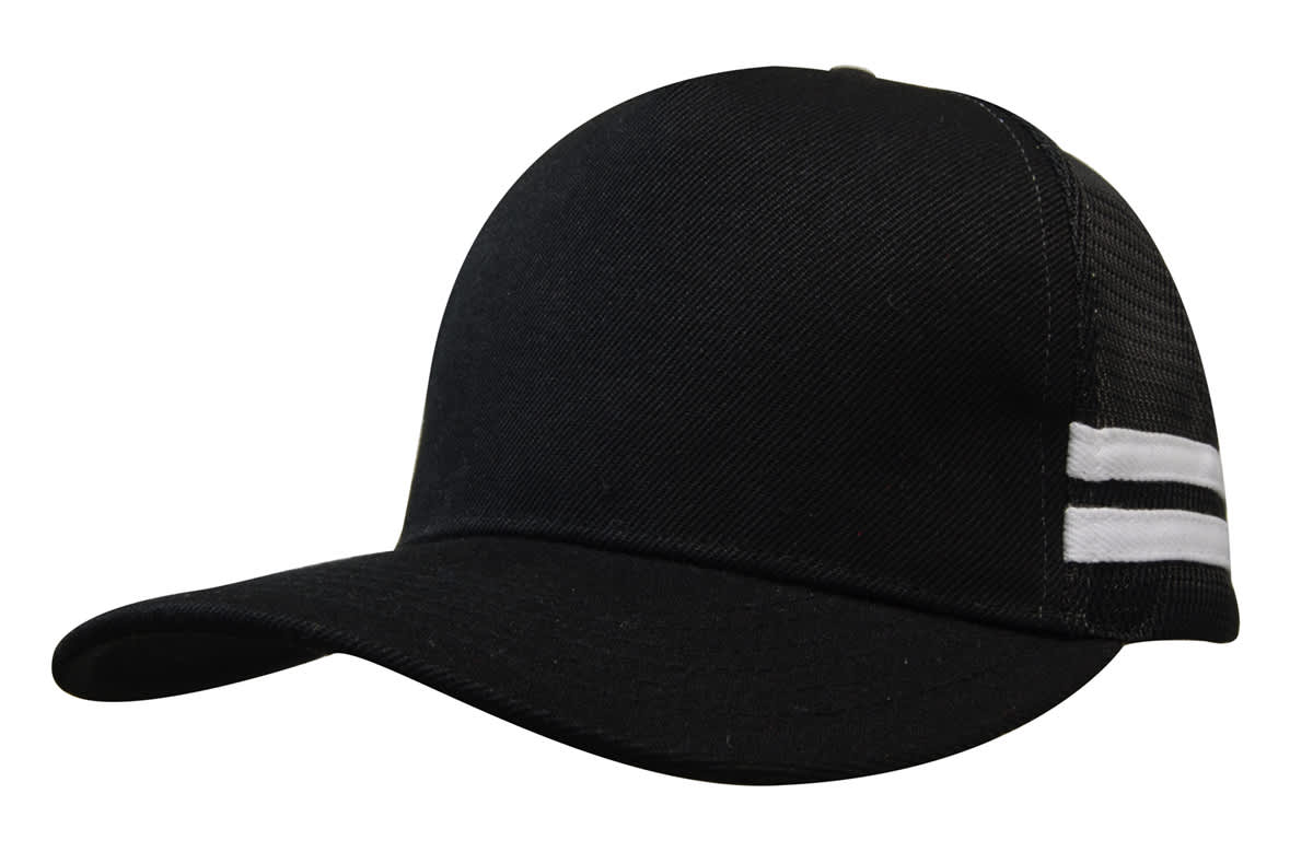 A black trucker cap featuring a solid front and mesh back with two white stripes on the side.