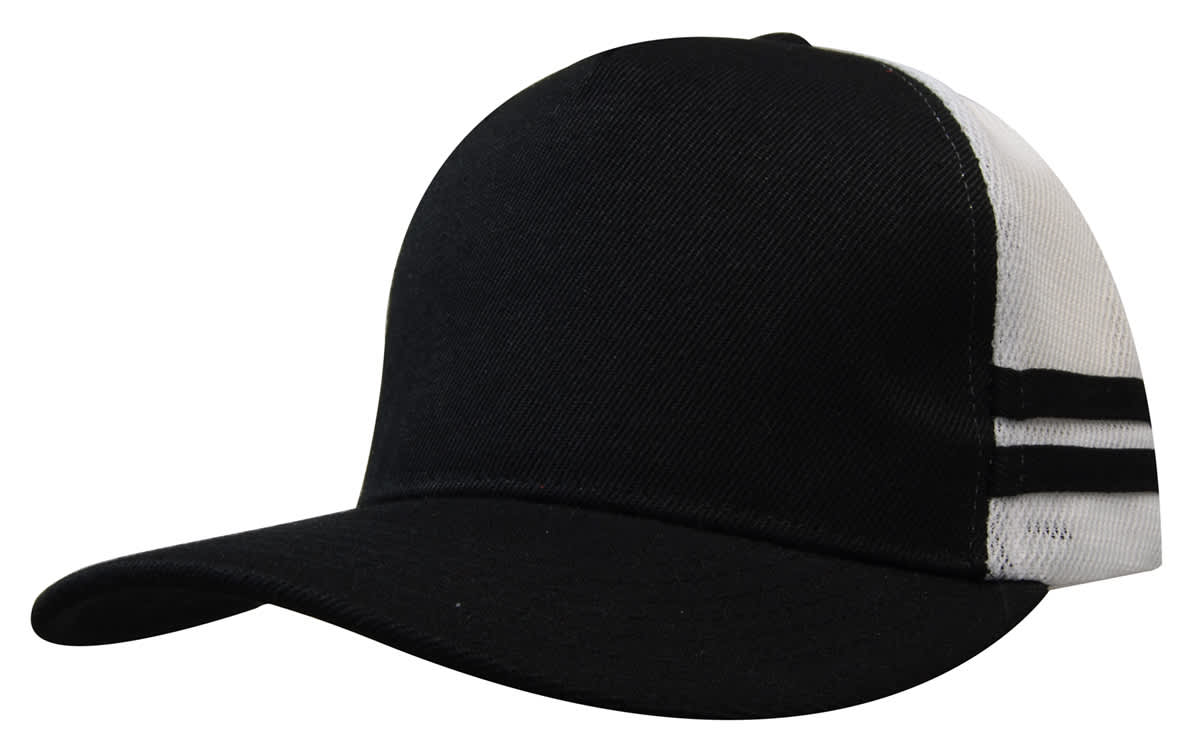A black and white trucker cap featuring stripes and a branded logo on the side.