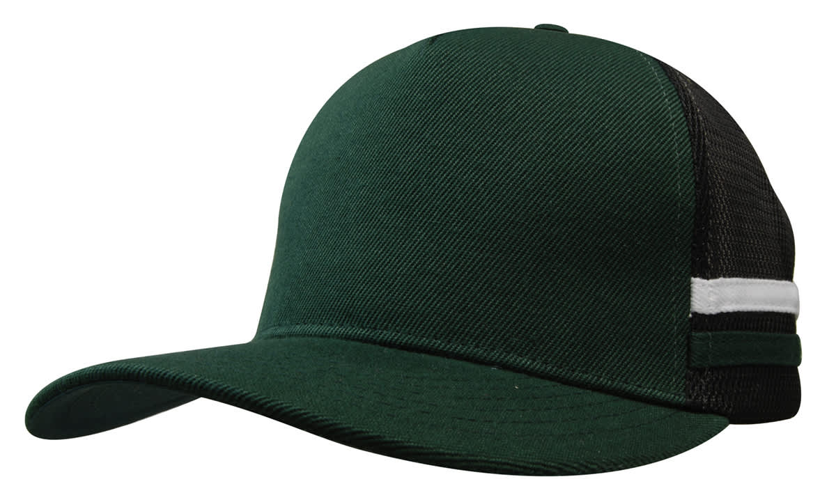 A deep fit trucker cap with green fabric and black mesh, featuring two white stripes on the side.