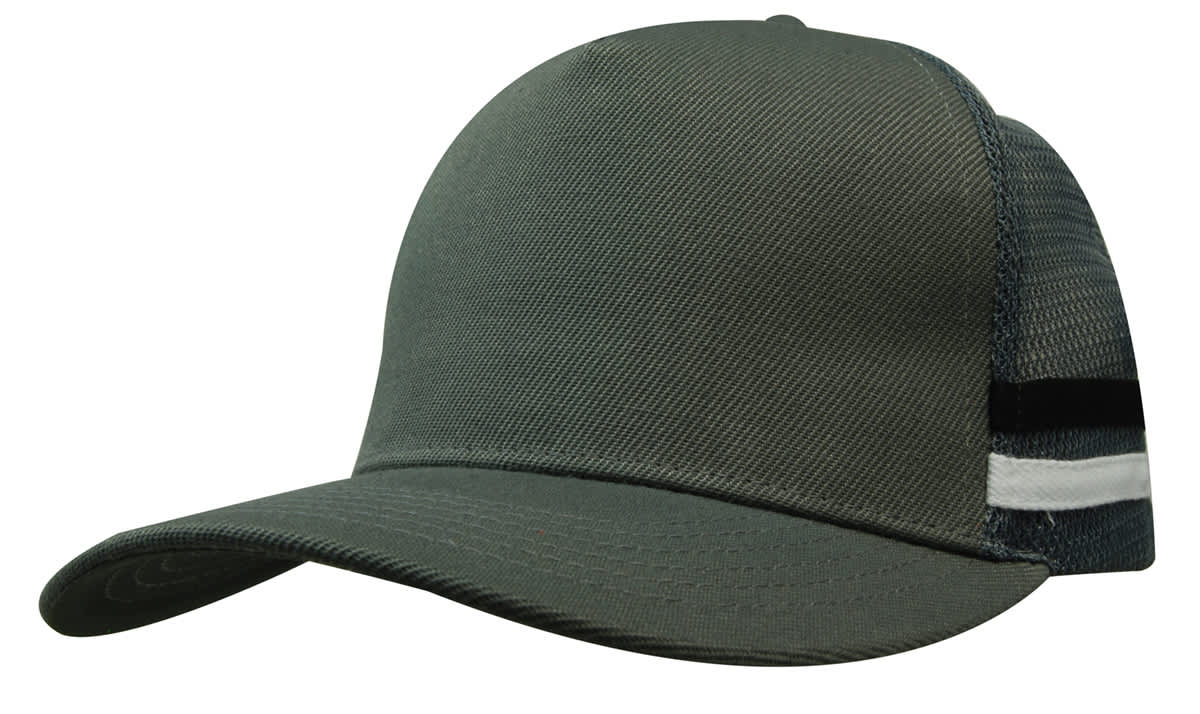 A deep fit trucker cap in olive green with mesh sides and striped detailing. It features a logo on the front.