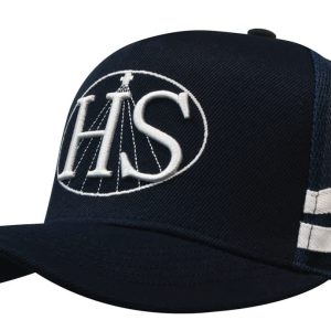 A navy trucker cap featuring a mesh back with white striped detailing and a logo on the front.