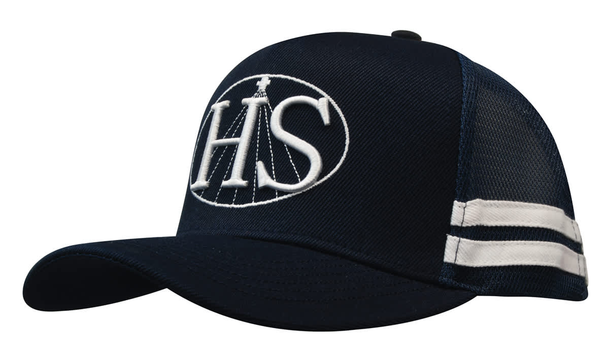 A navy trucker cap featuring a mesh back with white striped detailing and a logo on the front.