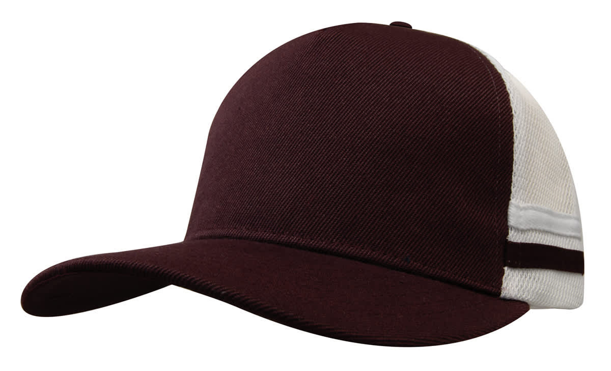A deep fit trucker cap in maroon and white with stripes and a logo on the side.