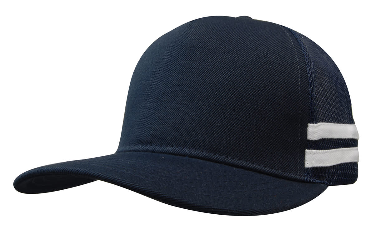 A deep fit trucker cap in navy with striped detailing and a contrast mesh back, featuring a logo.