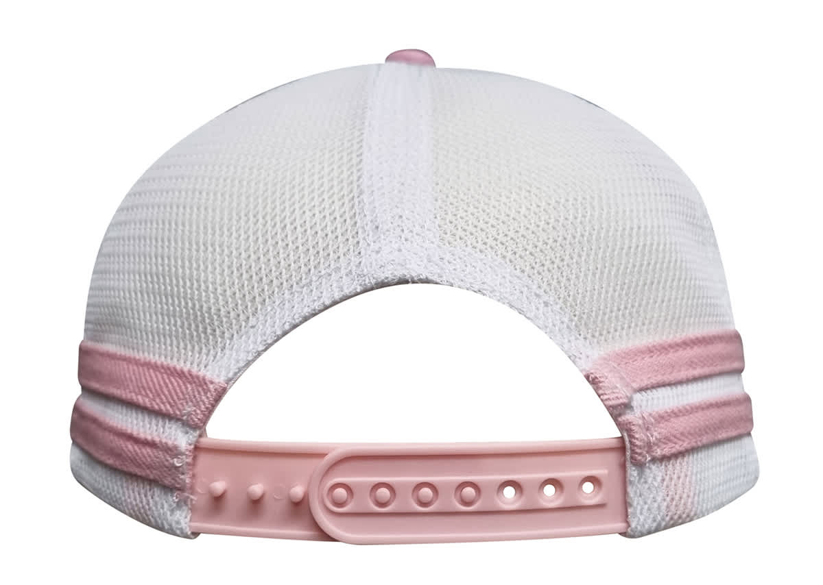 A deep fit trucker cap featuring a white mesh design with pink stripes and an adjustable pink strap at the back.