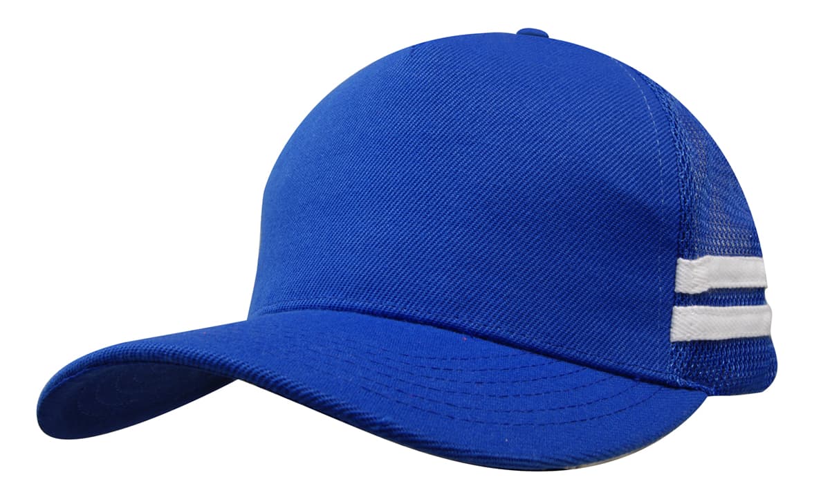 A blue trucker cap featuring mesh sides and white stripes, designed for a deep fit.