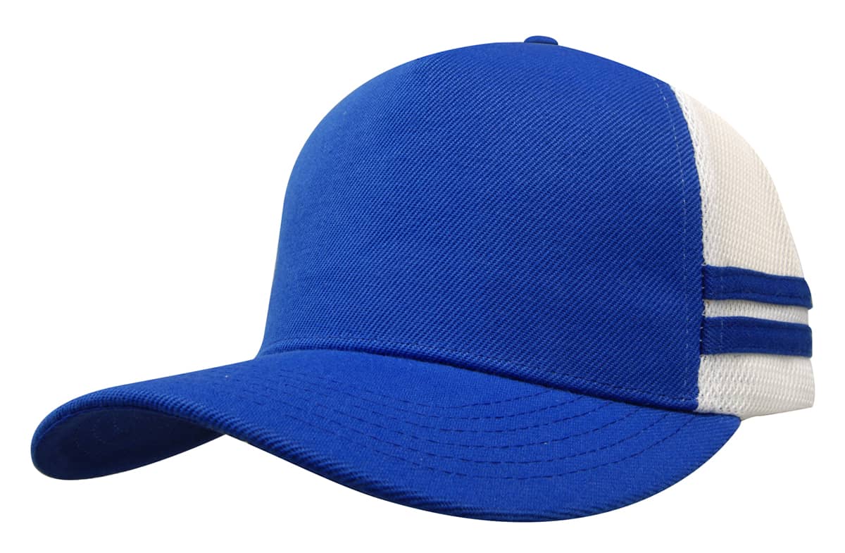 A blue and white trucker cap with a structured fit and striped detailing, featuring a logo on the front.