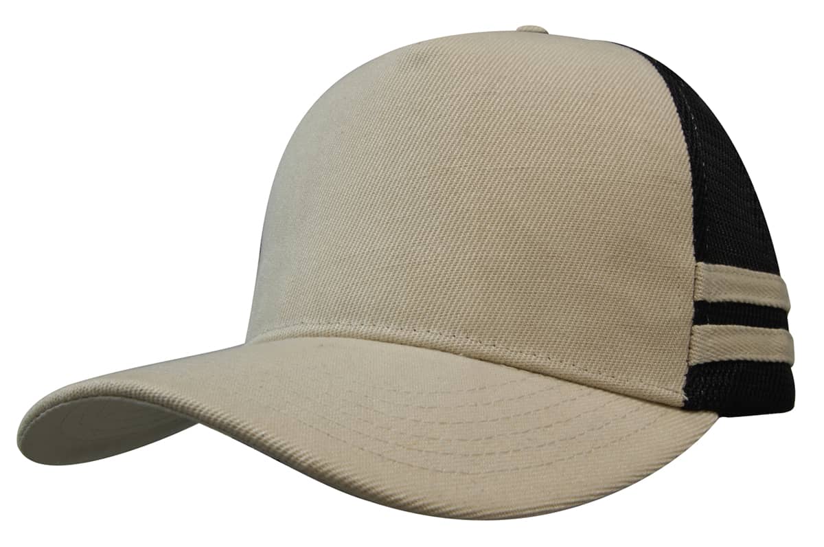 Beige and black trucker cap with striped detailing and a curved brim, featuring a logo on the front.