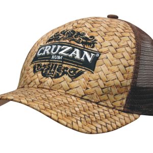 A straw-patterned cap with a dark mesh back, featuring a central logo.