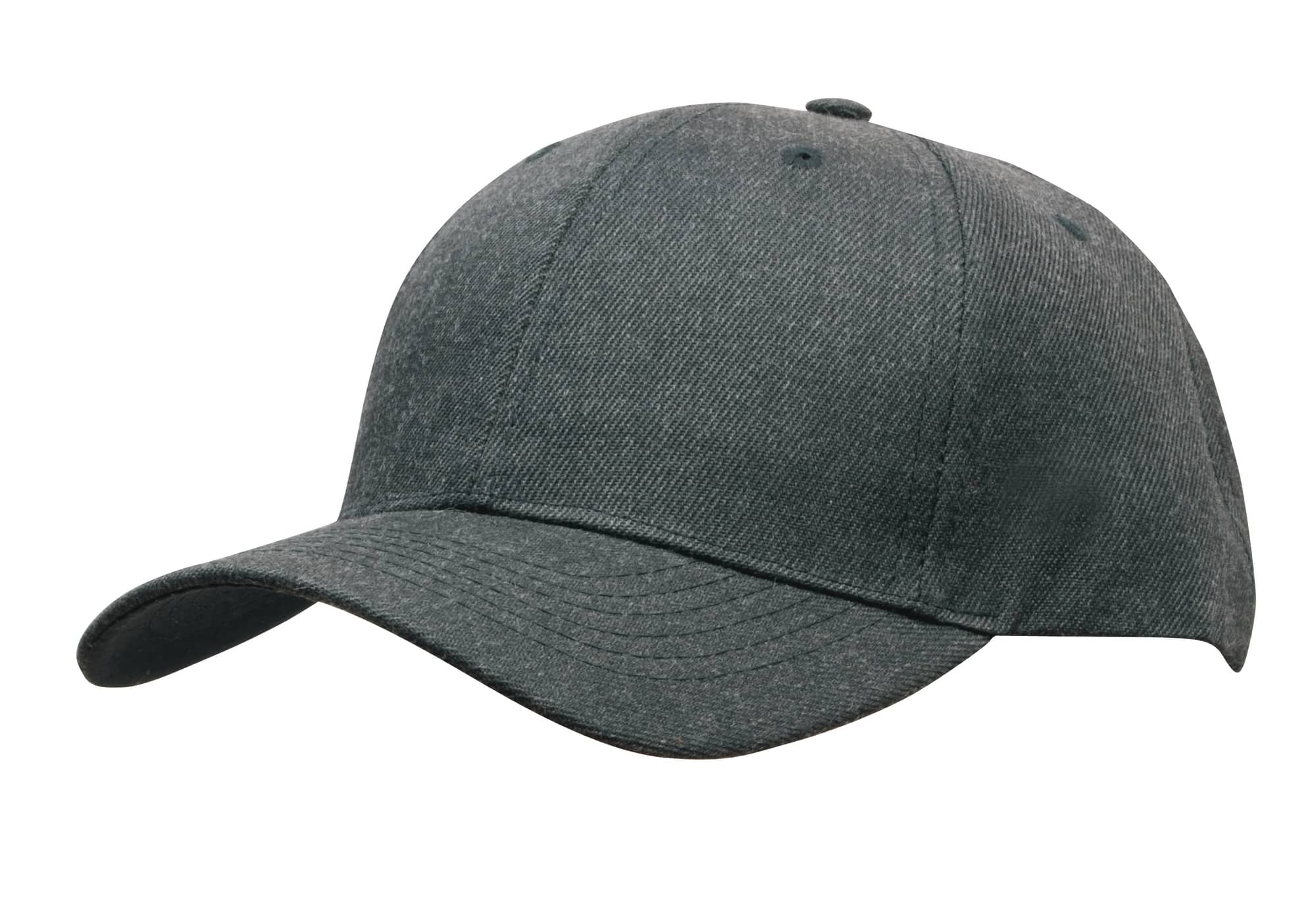 A dark grey premium twill cap featuring a curved brim and a logo on the front.