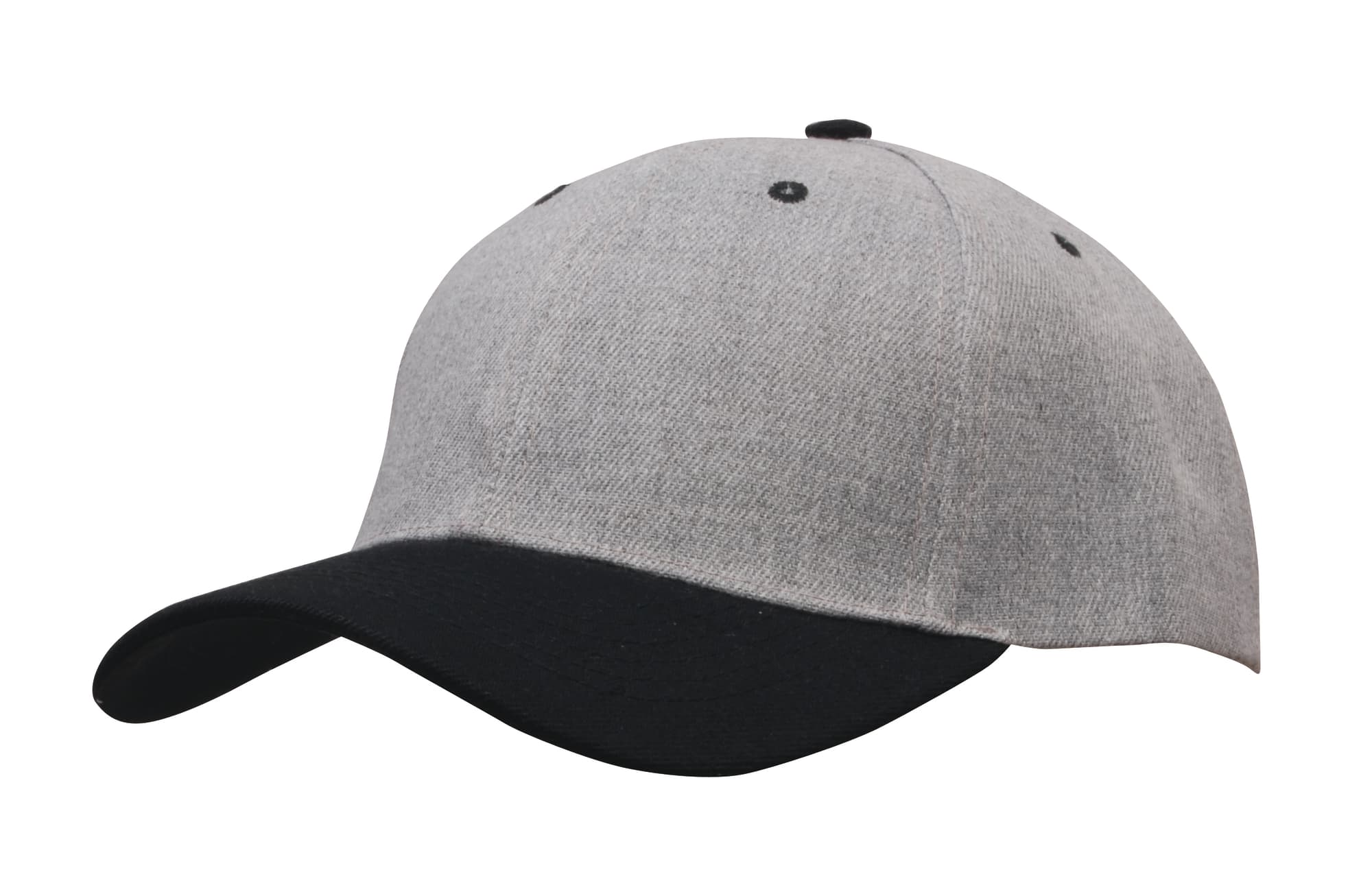 A grey twill cap with a black peak and a logo, featuring a structured design and six-panel construction.