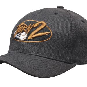 A dark grey premium American twill cap featuring a logo on the front.