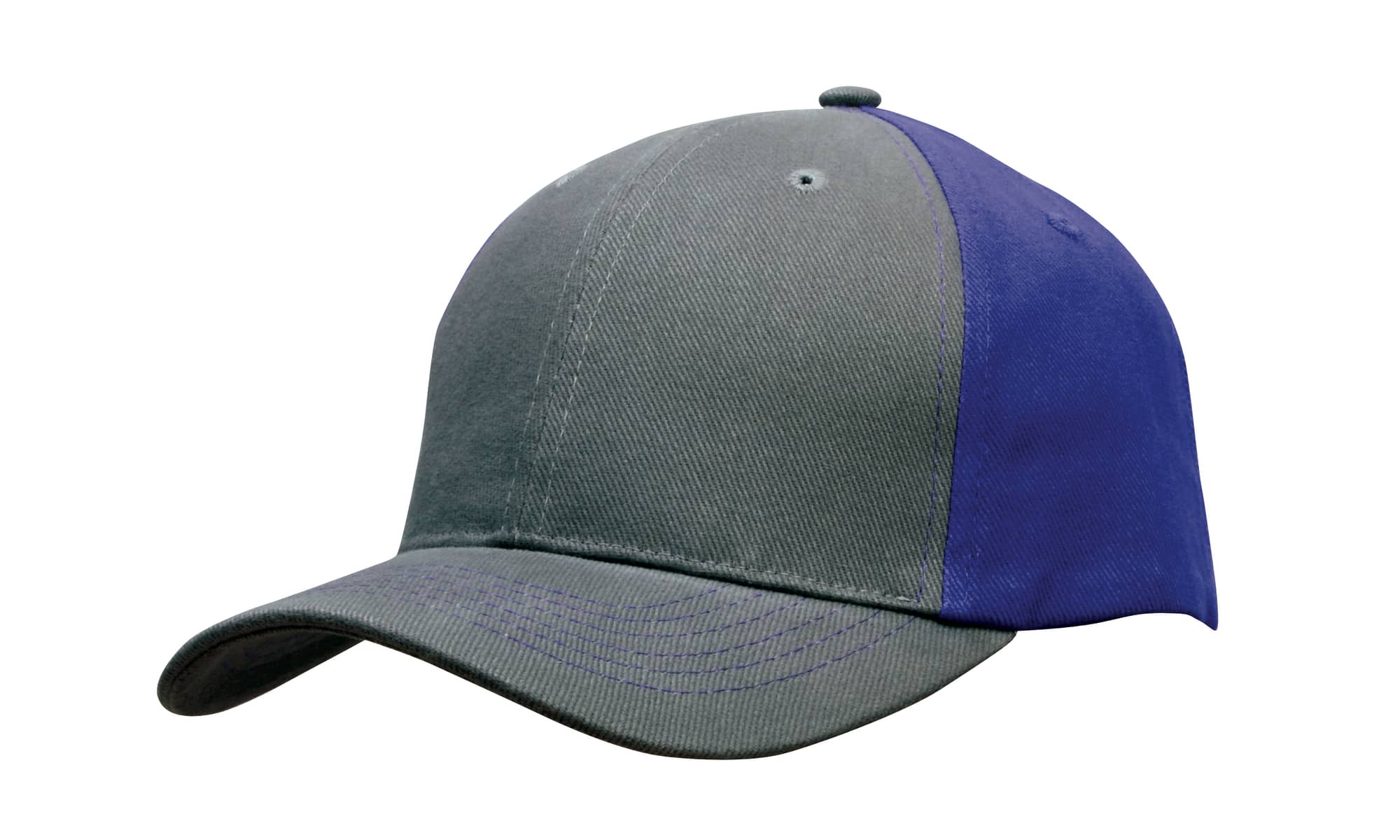A grey and purple brushed heavy cotton cap with a curved brim and a logo on the front.