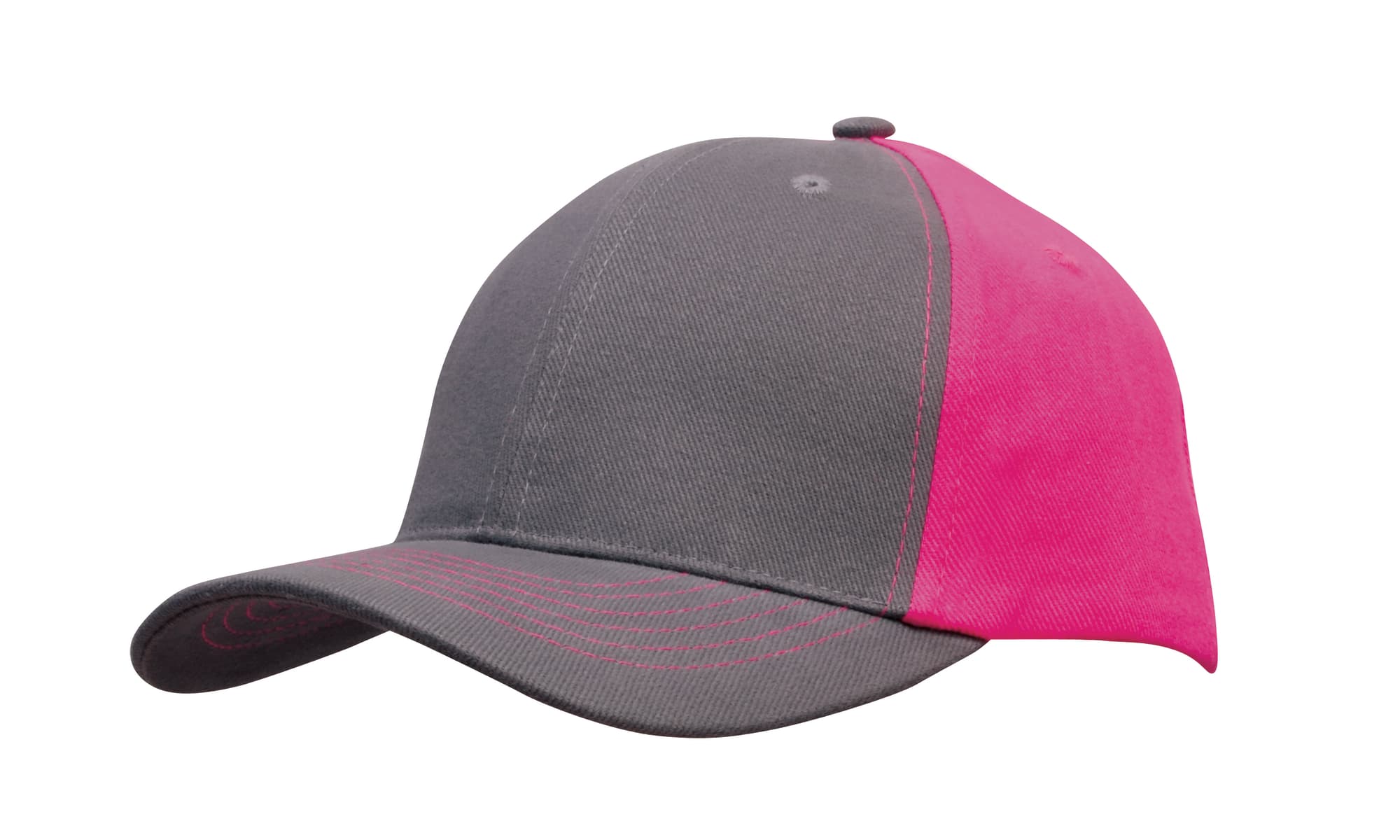 A grey cap with a pink contrast side and stitching, featuring a logo on the front.