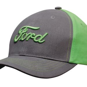 A grey and green cap with a contrasting design and a logo on the front.