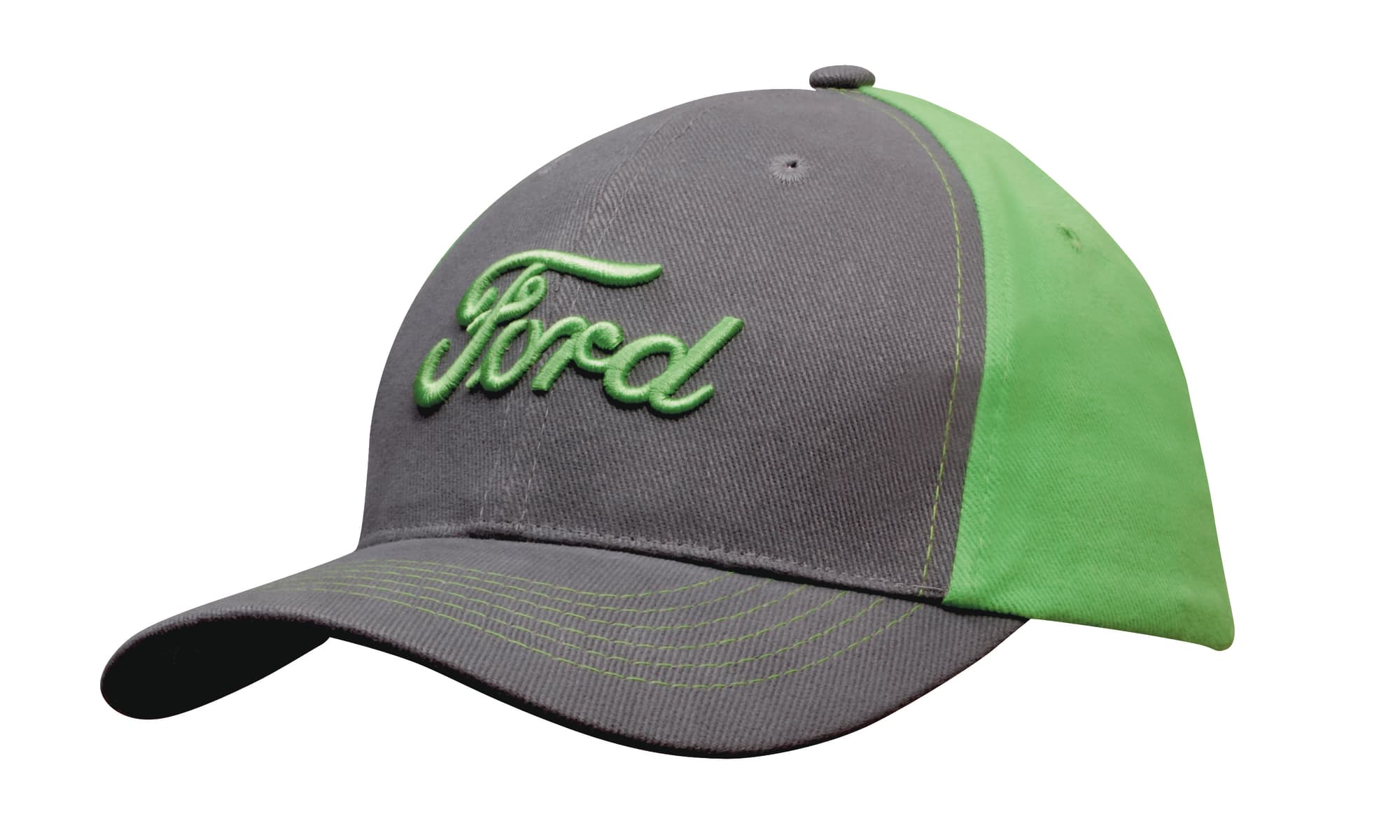 A grey and green cap with a contrasting design and a logo on the front.