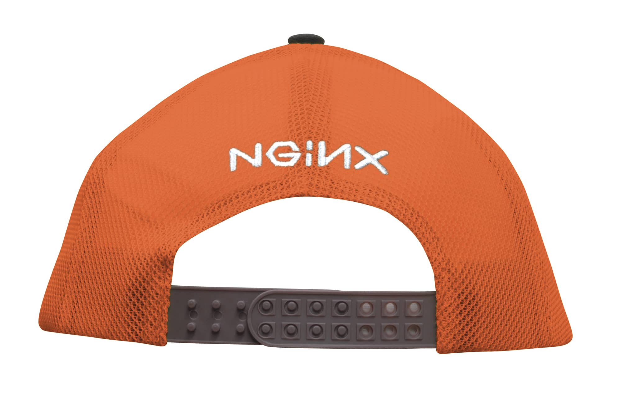 An orange cap with a mesh back and a rear adjustable strap, featuring a logo on the back.