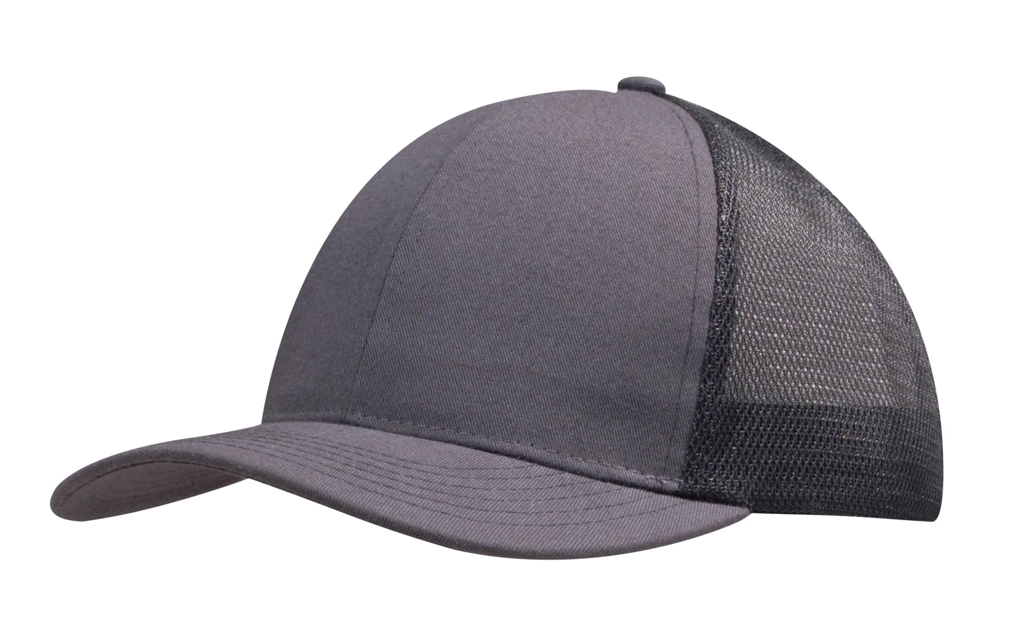 A grey cap featuring a brushed cotton front and a mesh back, equipped with a curved brim. It includes a logo.