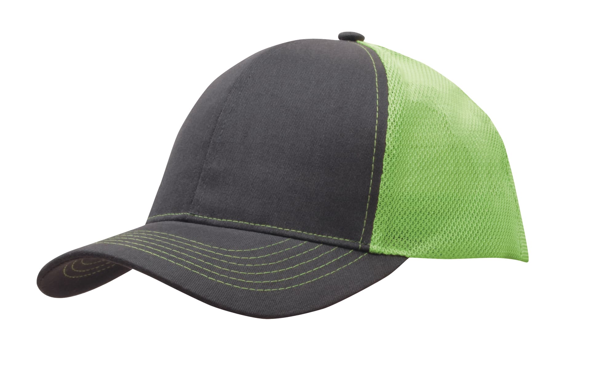 Brushed cotton cap with a grey front and vibrant green mesh back, featuring a stitched design and a logo.