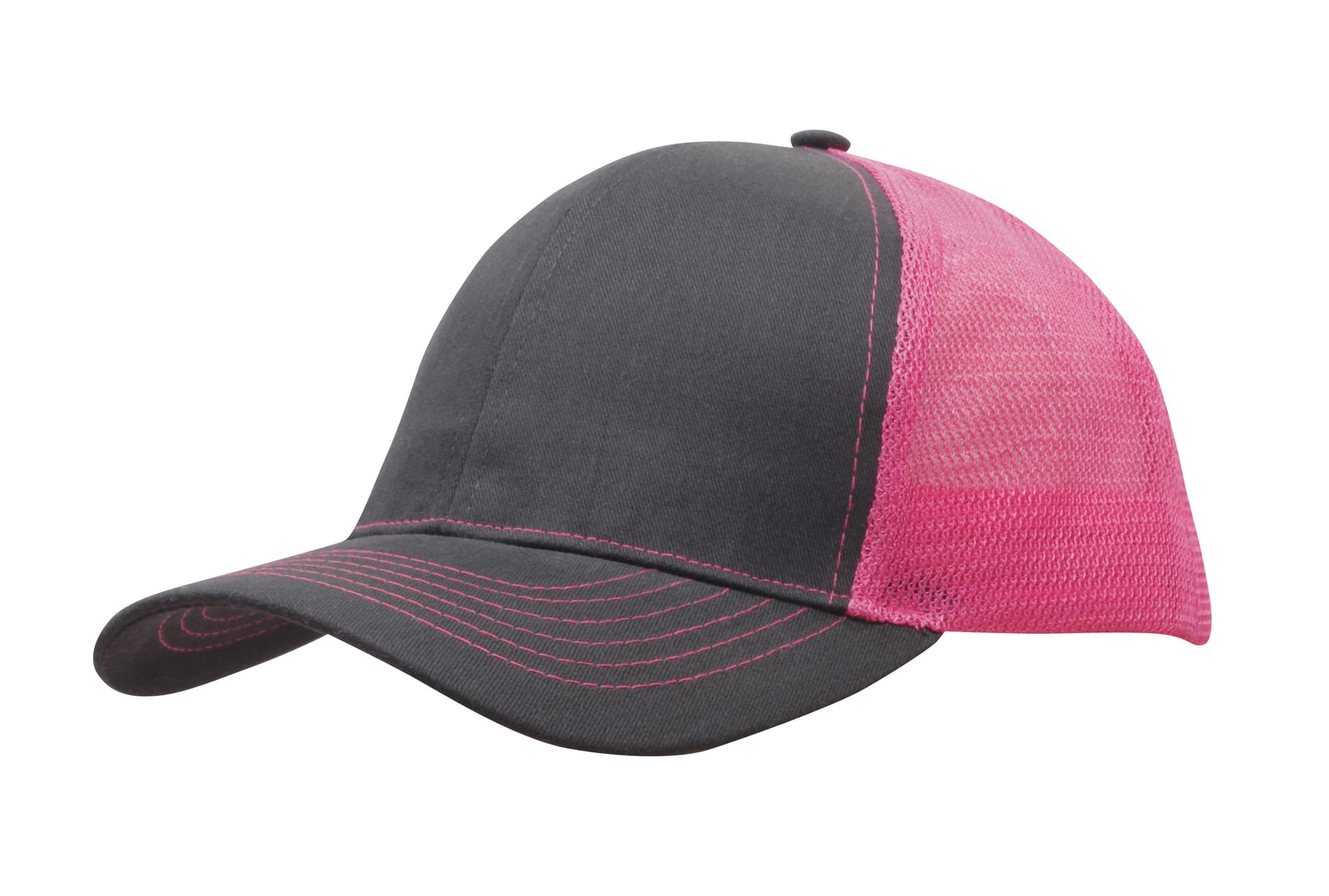 A black and pink cap with a mesh back and contrasting stitching, featuring a logo on the front.