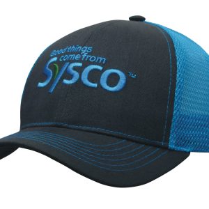 A black and blue brushed cotton cap with a mesh back and a logo on the front.