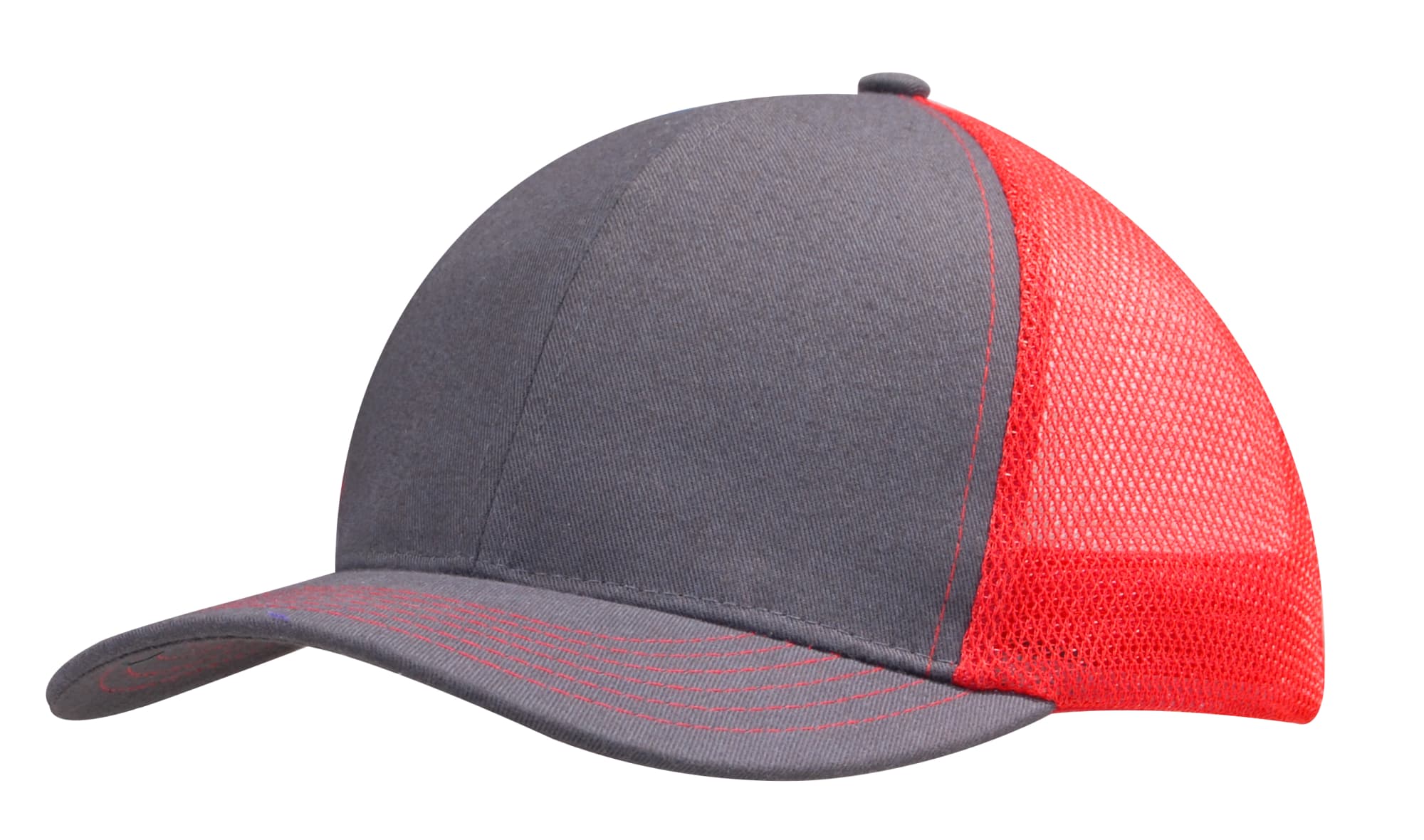 A grey cap with a red mesh back, featuring a curved brim and a logo on the front.