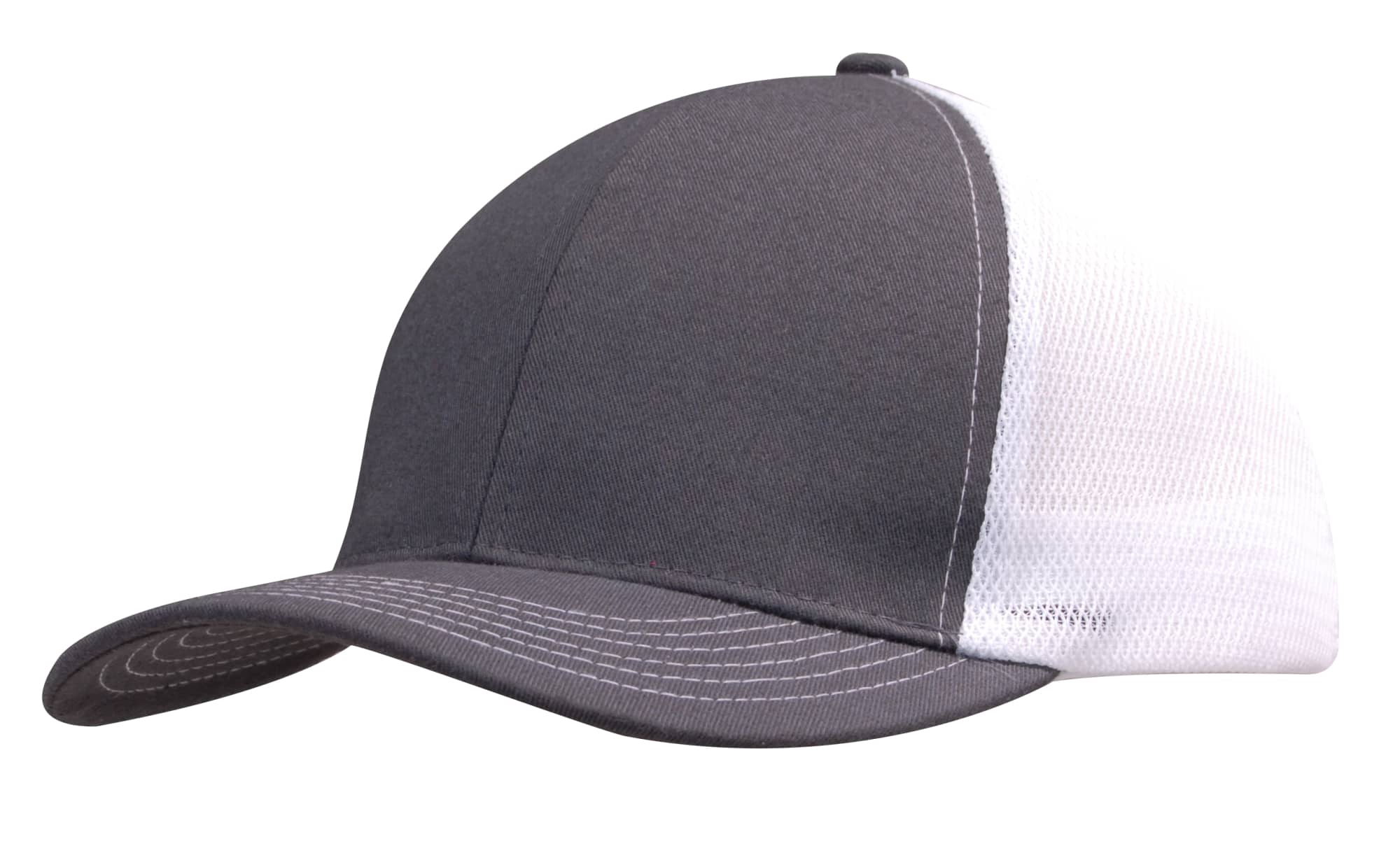 A grey brushed cotton cap with a mesh back and a curved peak, featuring a logo.
