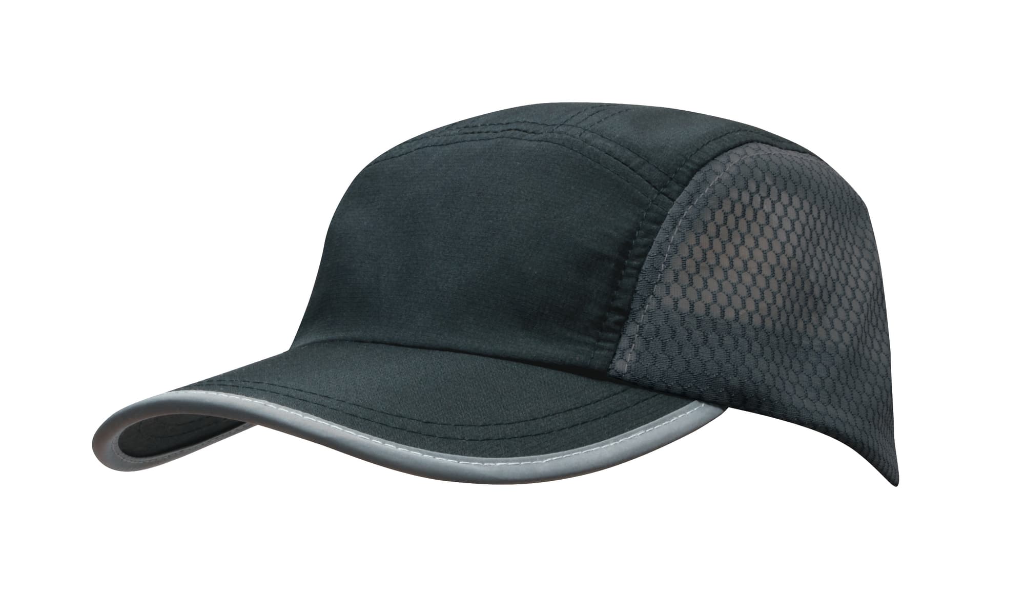 A black cap featuring bee hive mesh panels and a grey towelling sweatband, with a logo on the front.