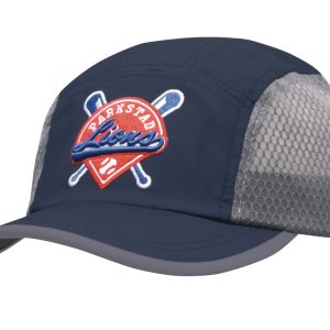 A navy cap featuring a mesh back and a colourful logo on the front. Designed for comfort and breathability.
