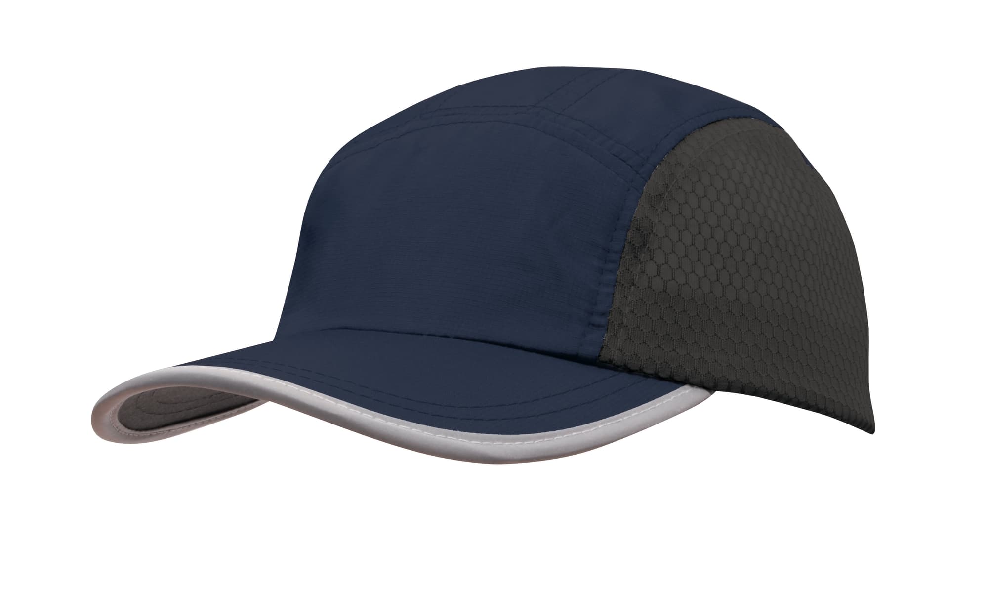 A navy cap featuring a bee hive mesh side panel and a towelling sweatband. Includes a logo on the side.