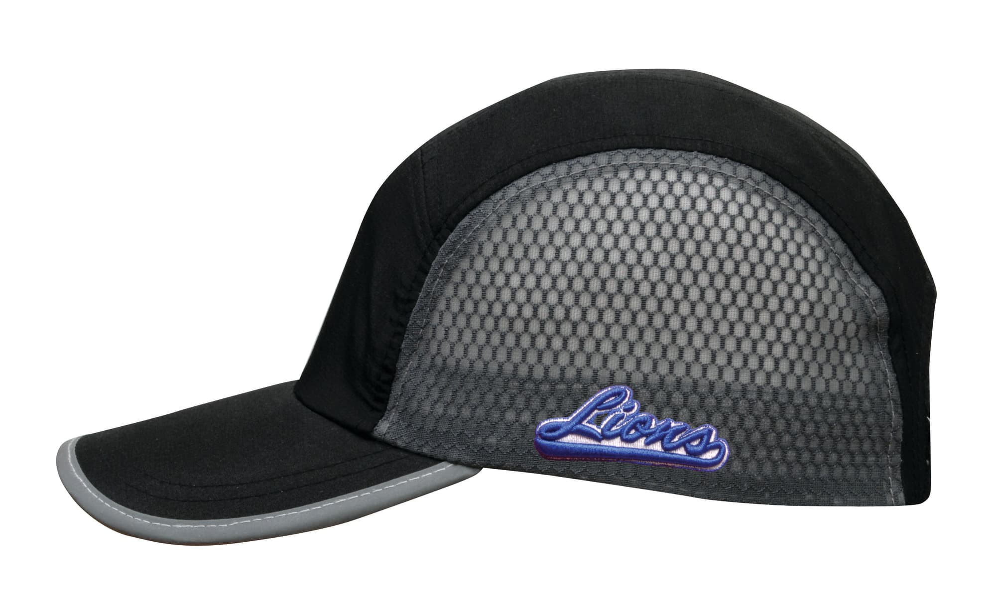 A black cap featuring bee hive mesh and a towelling sweatband, with a logo on the side.
