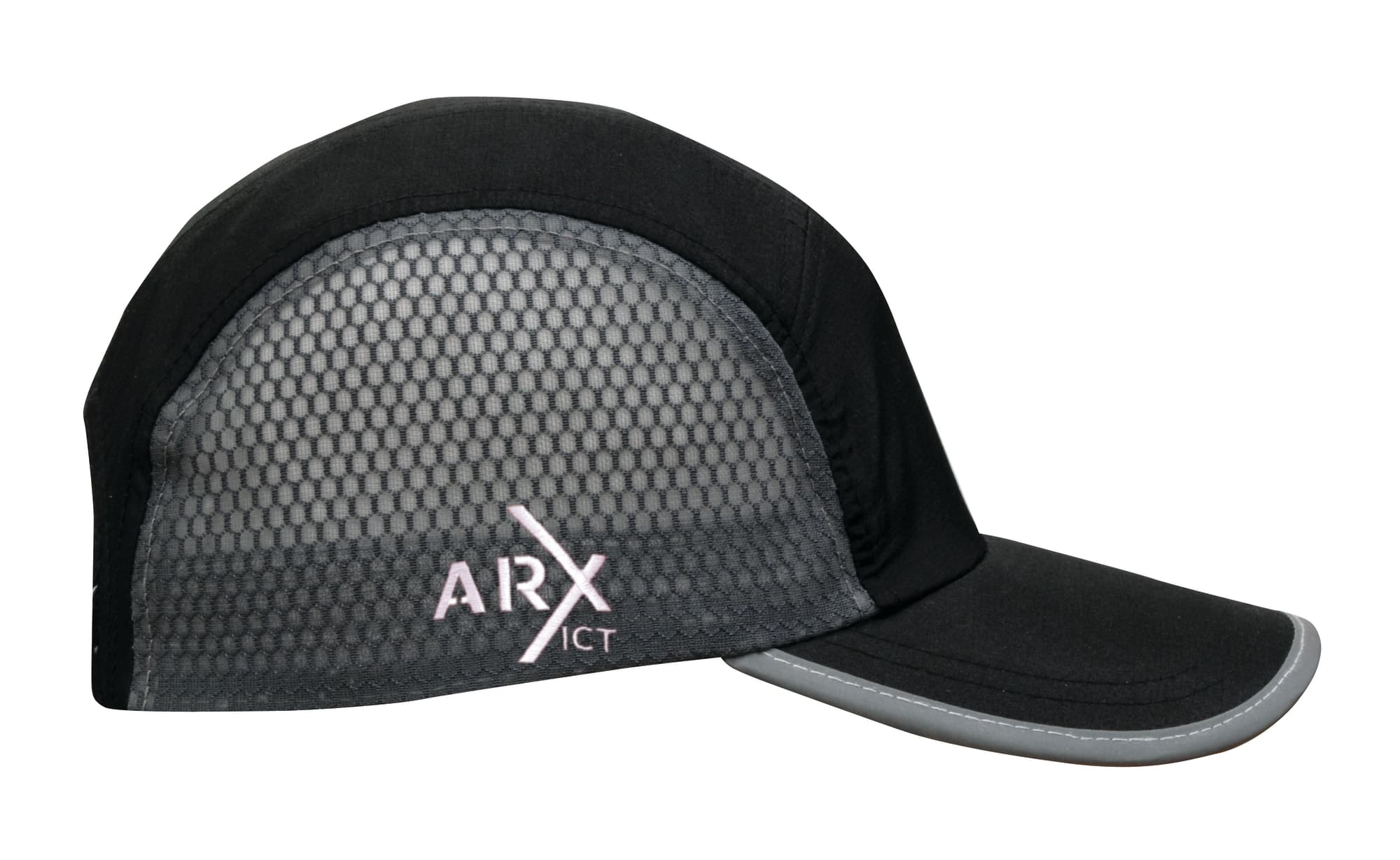 A cap featuring a black design with grey bee hive mesh panels and a towelling sweatband, including a logo.