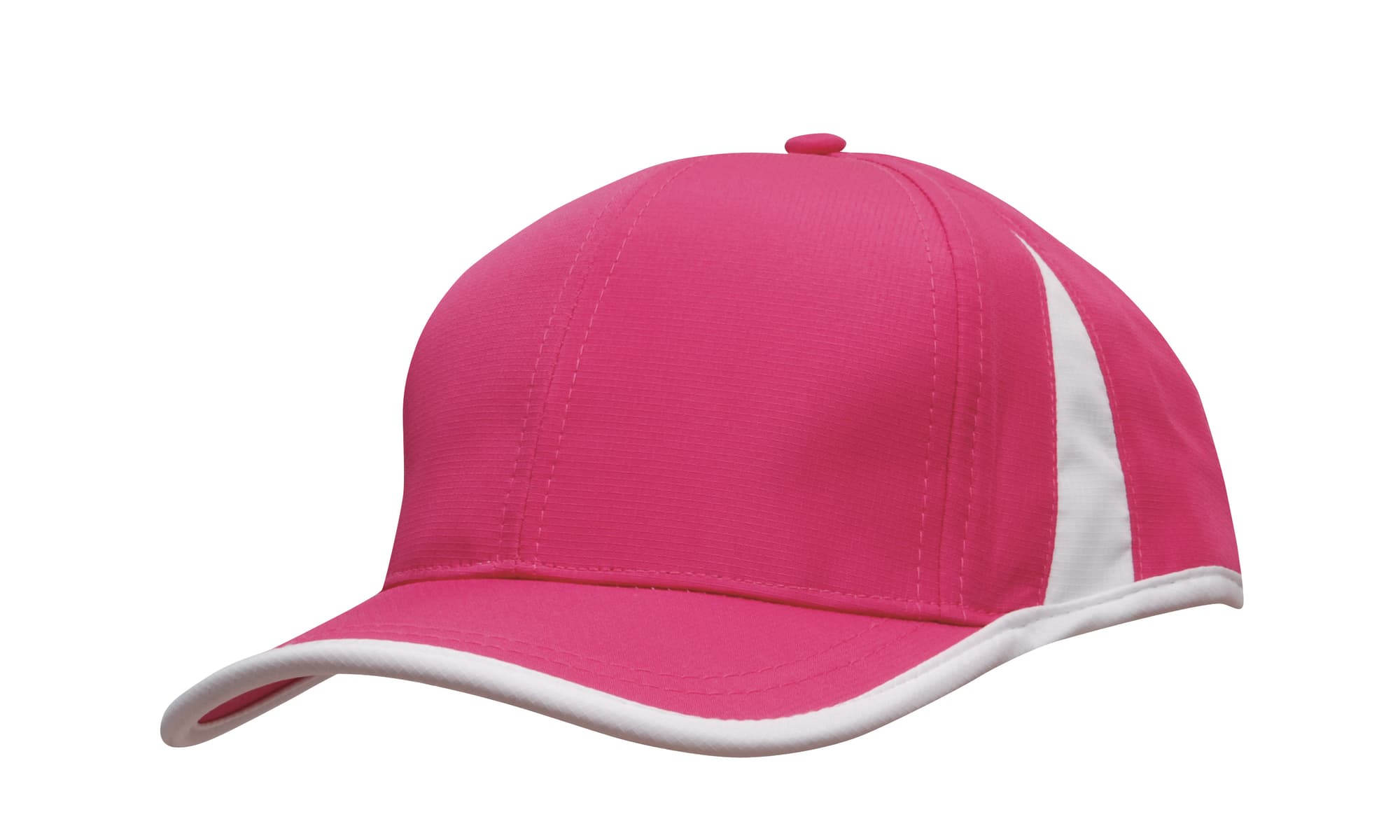 A pink cap with white trim and inserts, featuring a logo. The design includes a sporty look and structured shape.