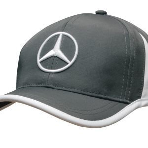 A grey cap with white trim and a prominent logo on the front.