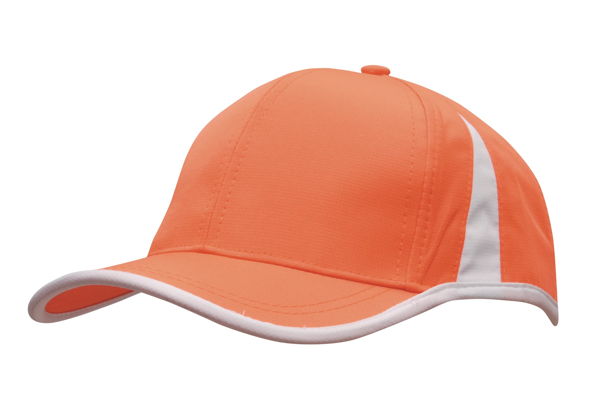 An orange cap with a white trim and inserts, featuring a simple design and a logo on the front.