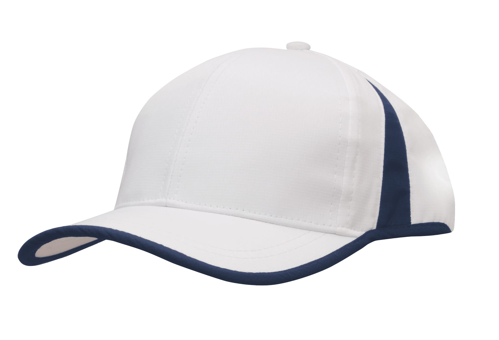 A white cap with navy trim and inserts, featuring a curved peak and a logo on the front.