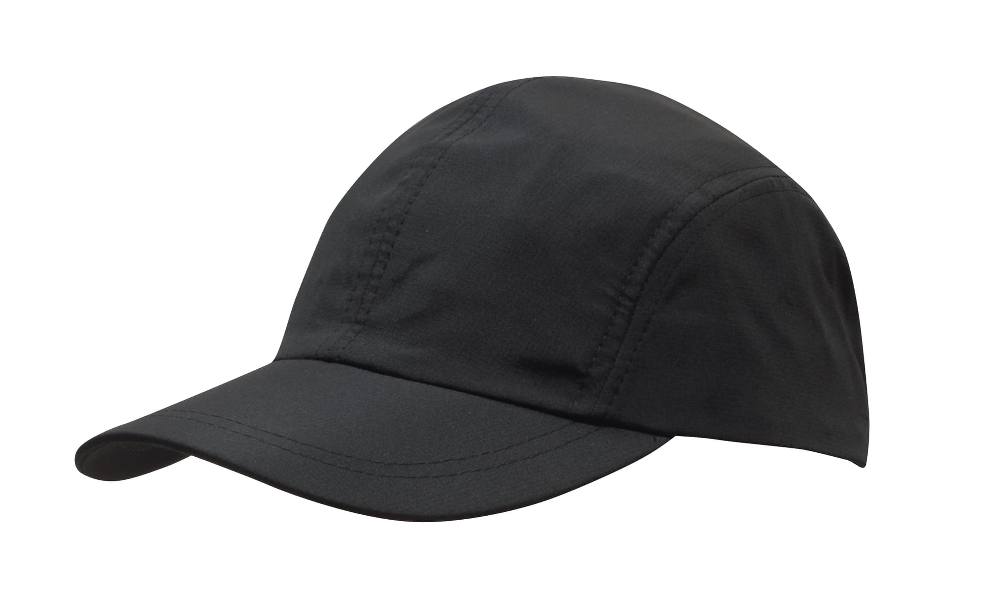 A black sports cap made from ripstop fabric, featuring a curved peak and a smooth, sleek design.