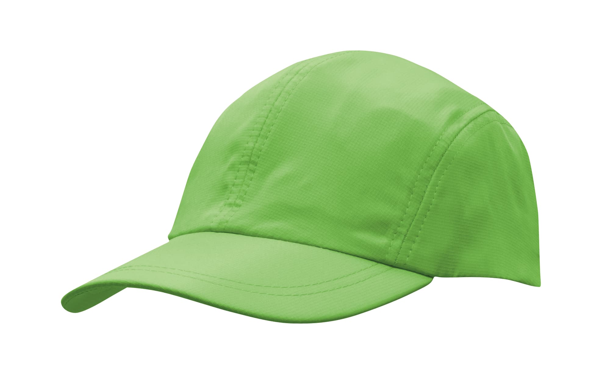A bright green cap with a sleek design and a curved brim, featuring a logo on the side.