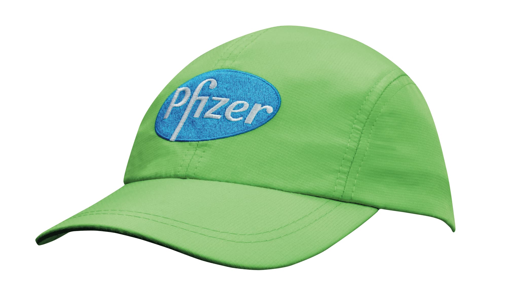 A green sports cap featuring a blue branded patch on the front.