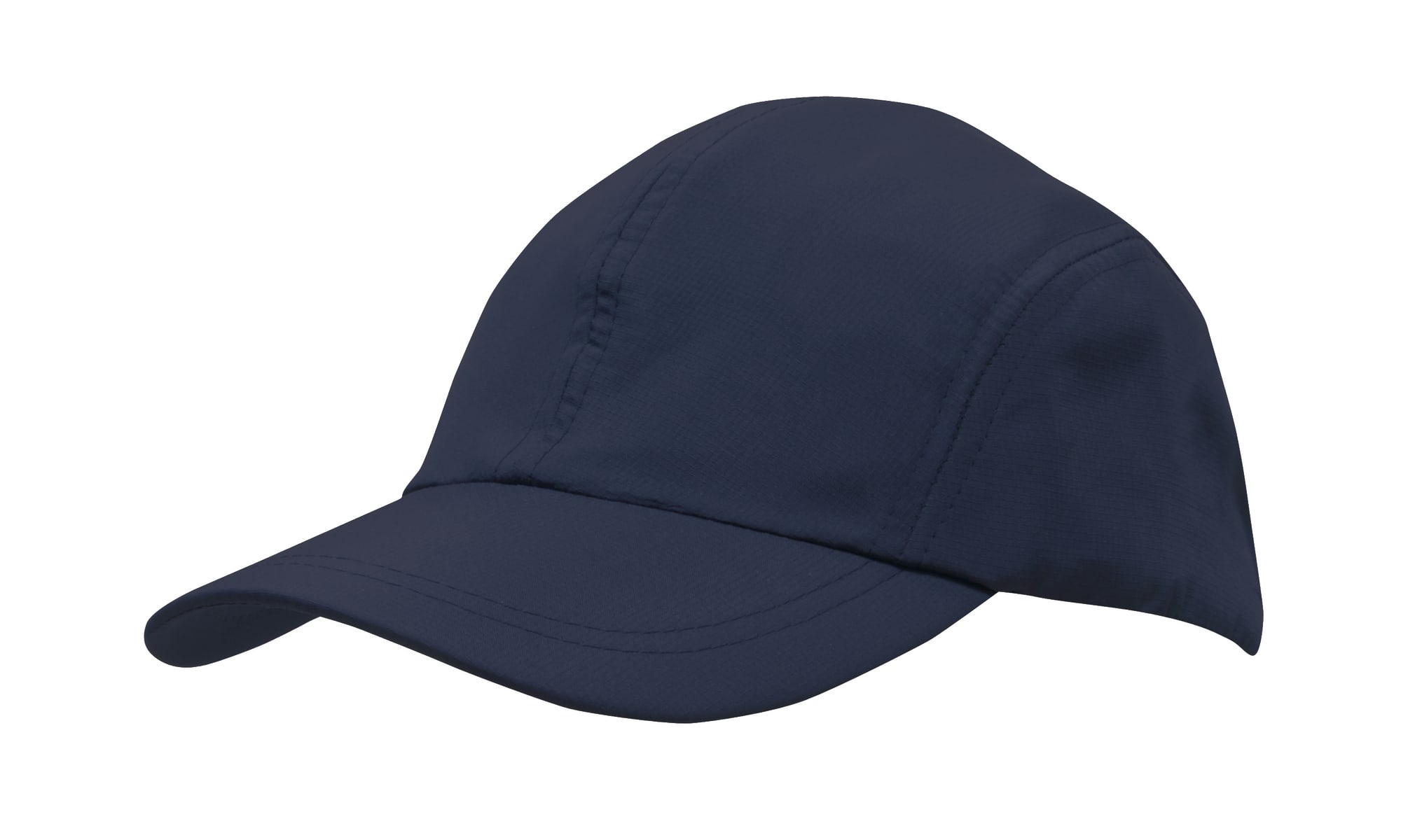 A navy sports cap featuring a ripstop material and a towelling sweatband, complete with a logo.