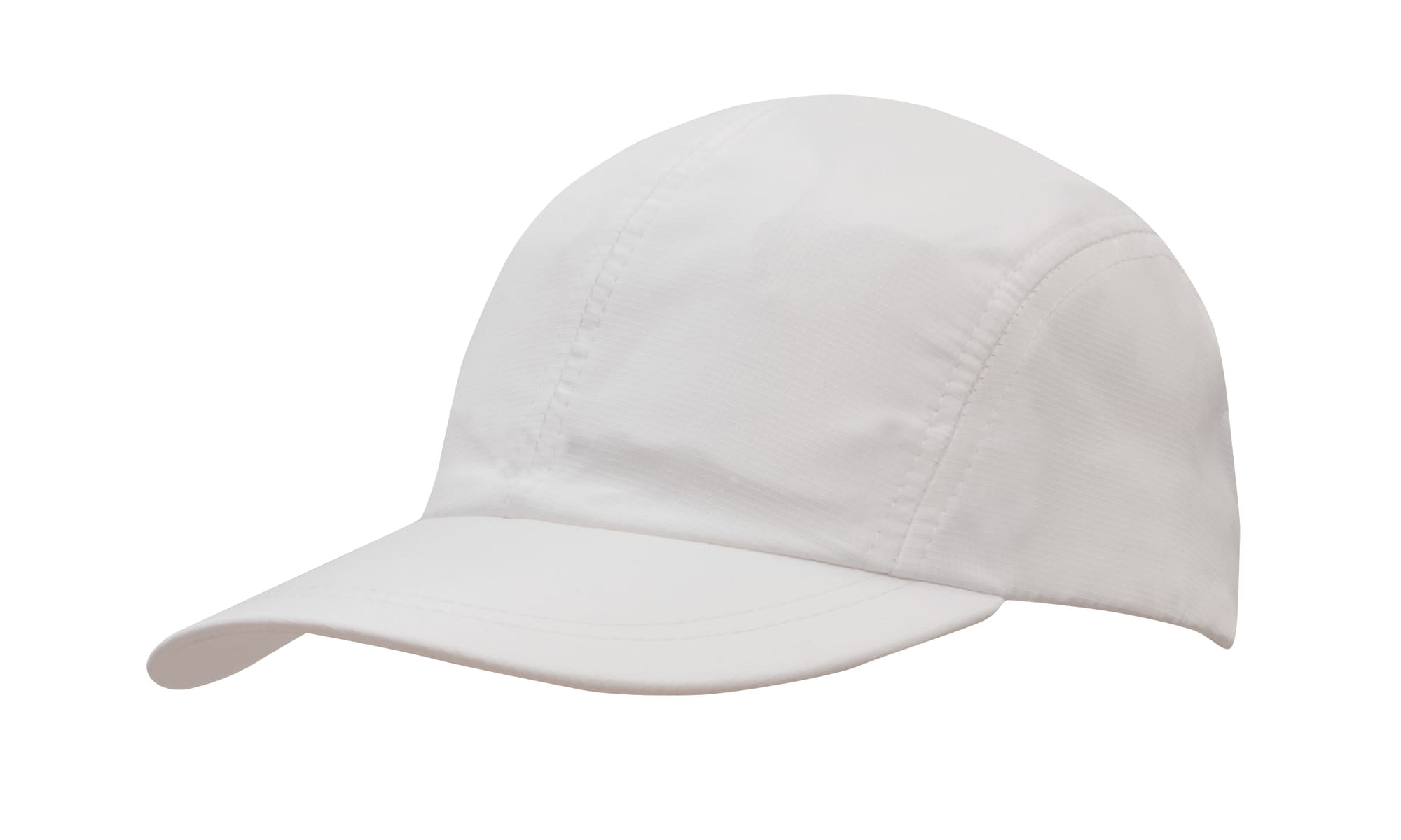 A white sports cap made from ripstop material, featuring a towelling sweatband and a logo.