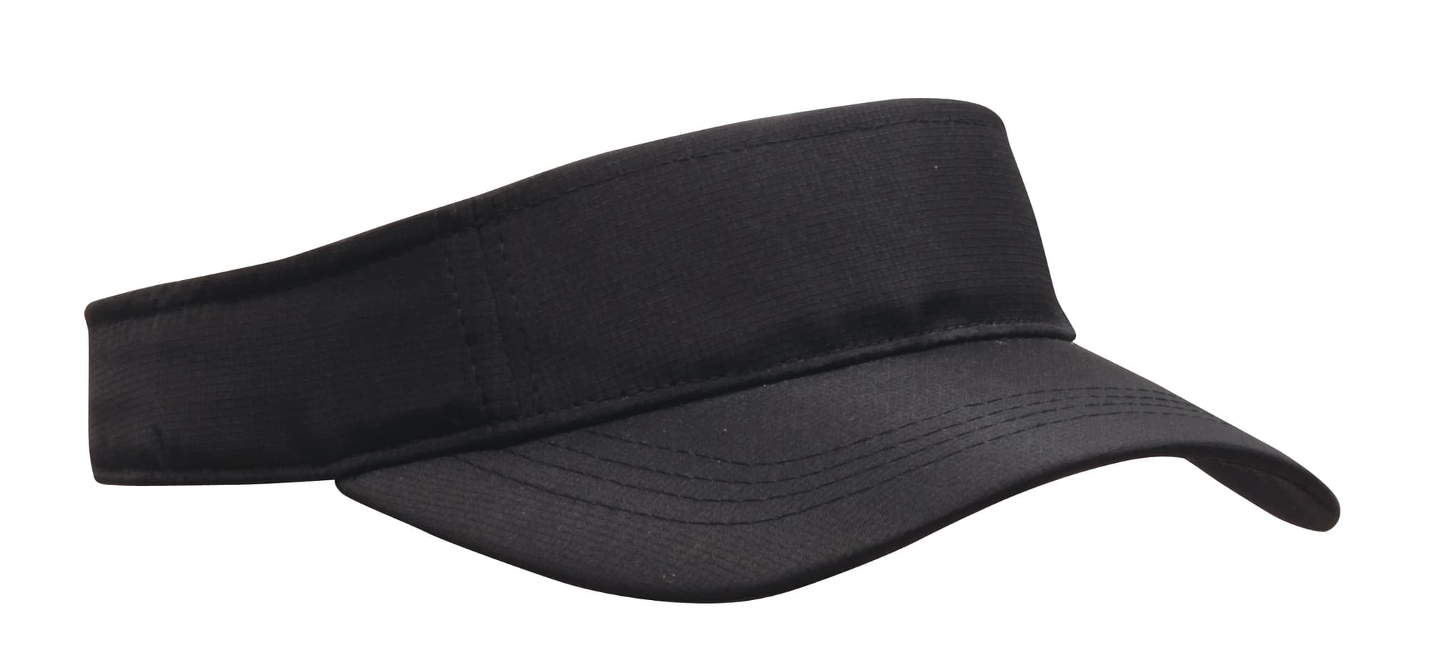 A black visor with a wide band and a curved peak, featuring a logo on the front.