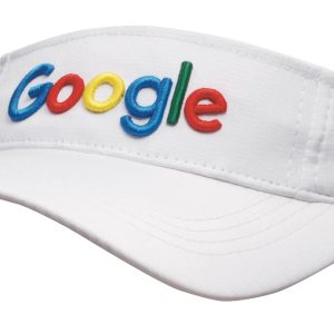 A white sports visor featuring colourful lettering and a logo on the front.