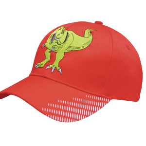 A red cap featuring a green dinosaur design and a gradient print on the peak. It has a branding logo.