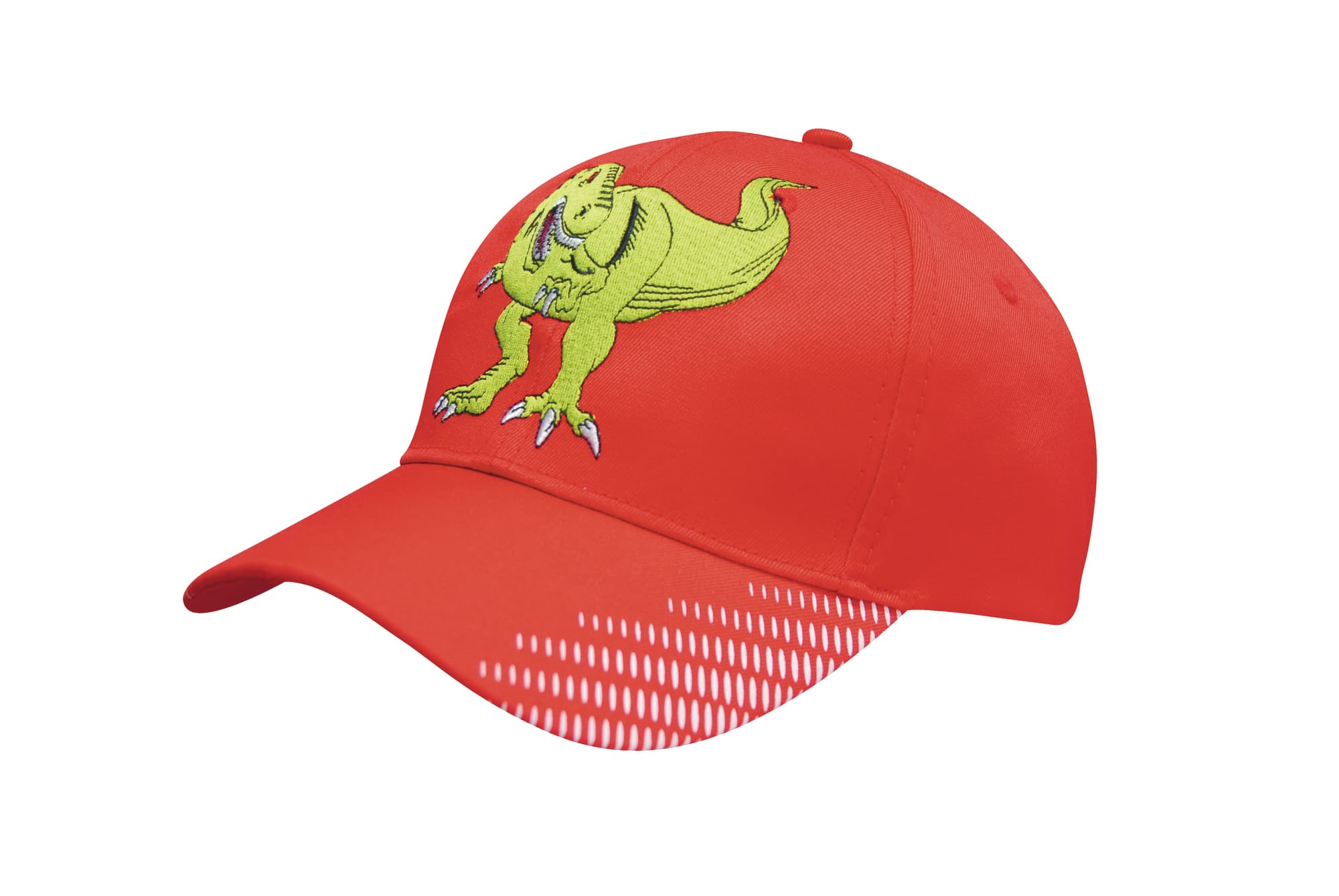 A red cap featuring a green dinosaur design and a gradient print on the peak. It has a branding logo.