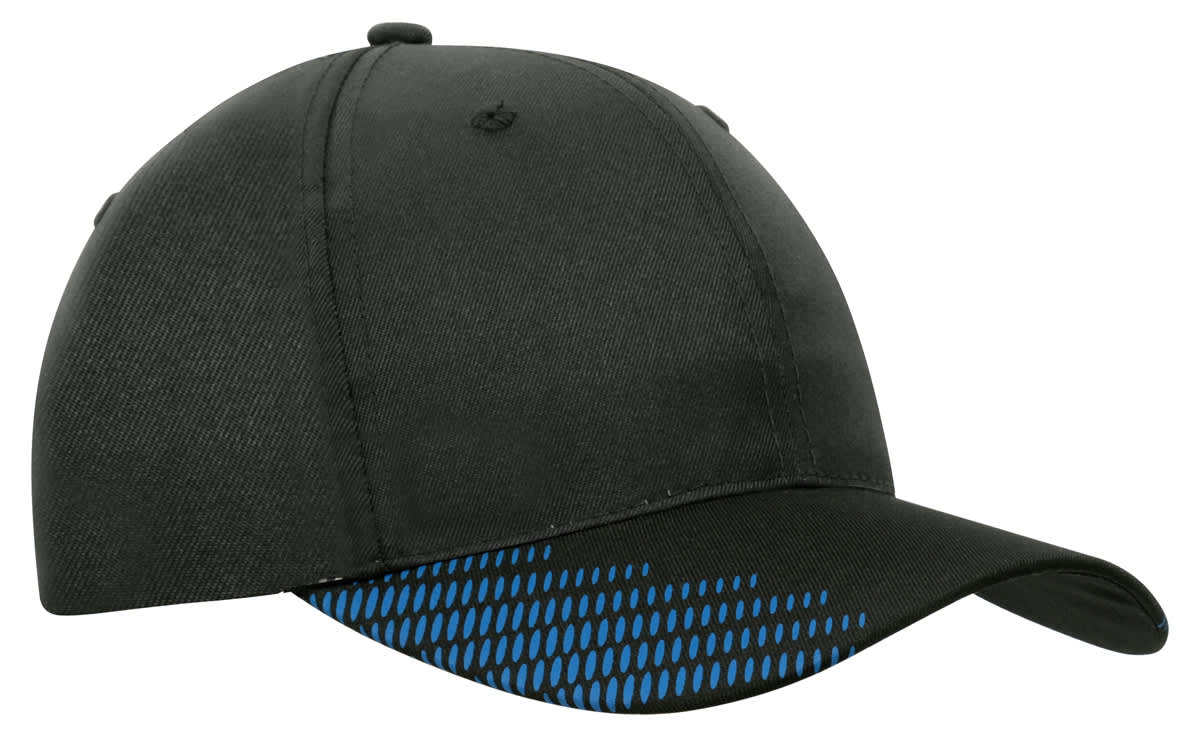 A black cap featuring a vibrant blue peak flash print and a logo on the front.